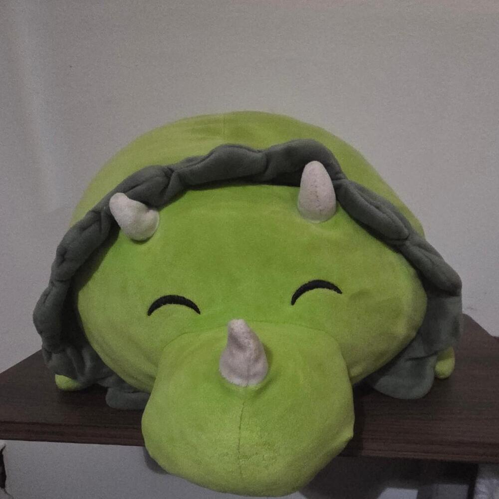 smoochy pals Green triceratops plushie with horns and a smiling face #dinosaur #